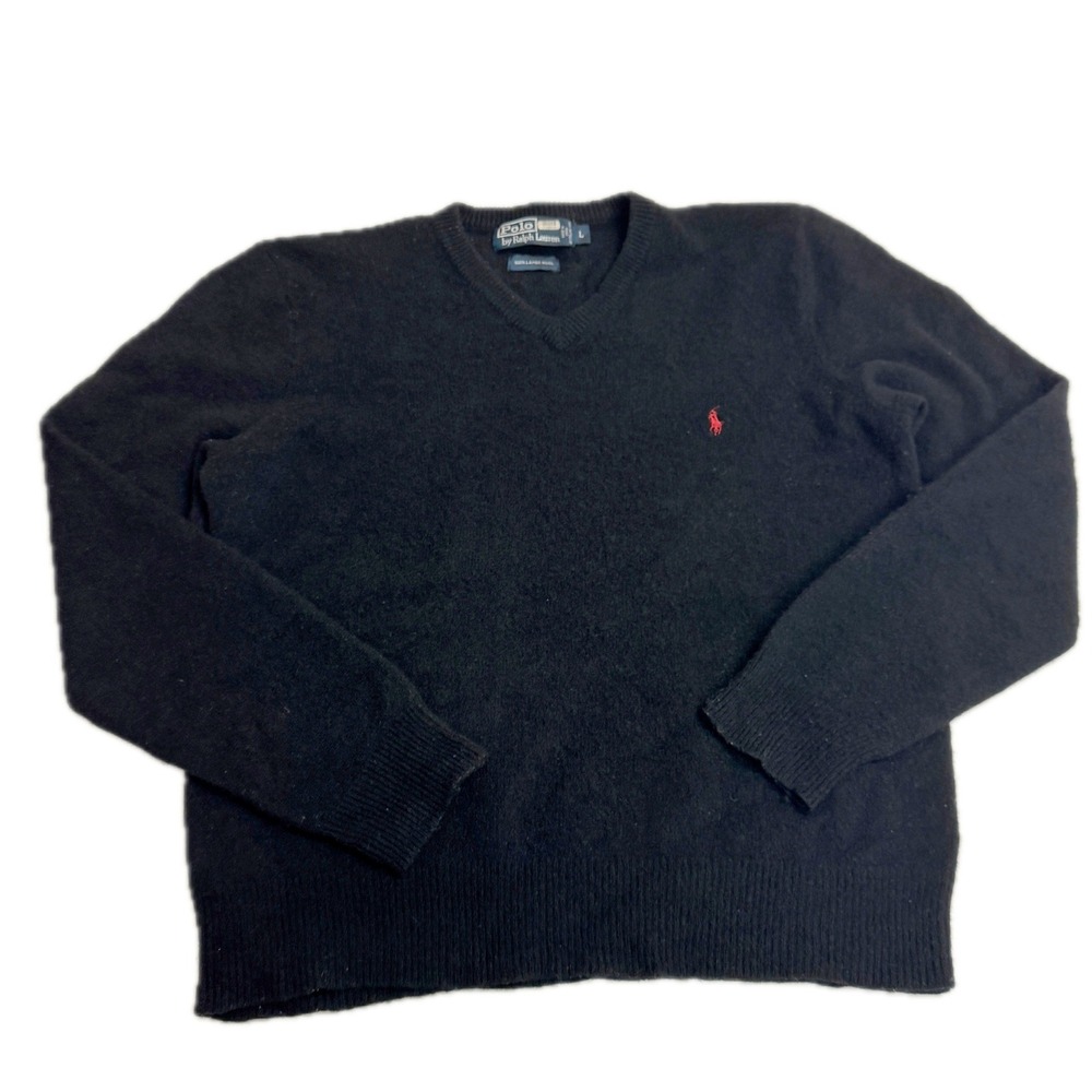 Polo Ralph Lauren Sweater Womens Large Black Lambs Wool V Neck Red Pony Logo - Picture 1 of 6